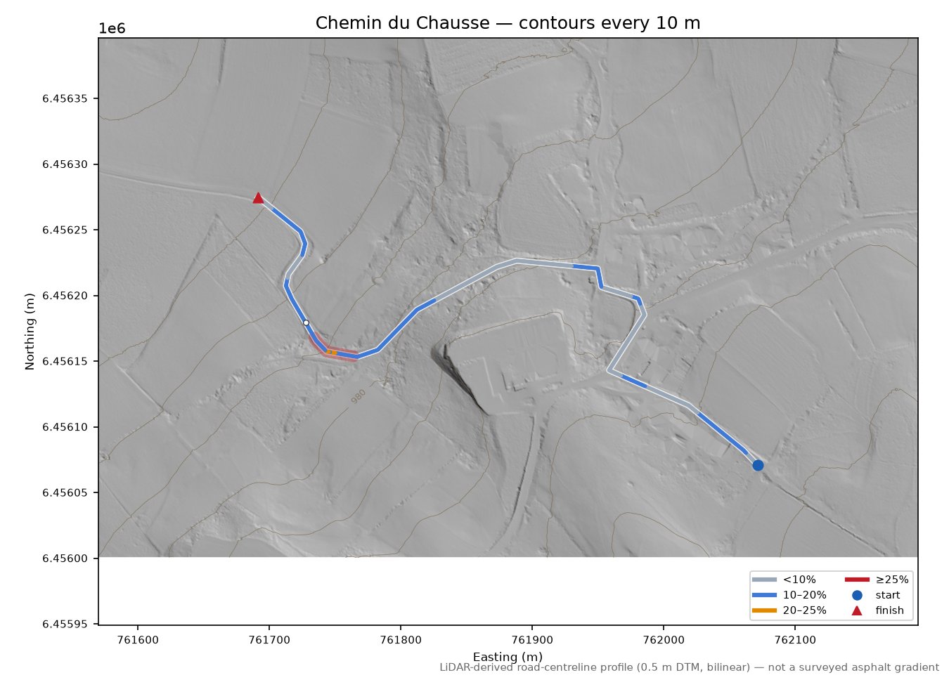 Chemin du Chausse LiDAR hillshade map with contours