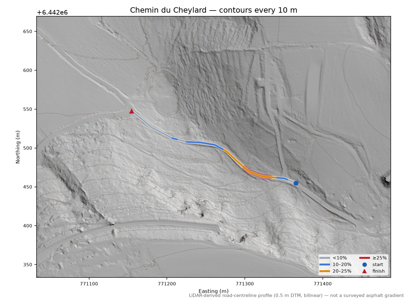 Chemin du Cheylard LiDAR hillshade map with contours
