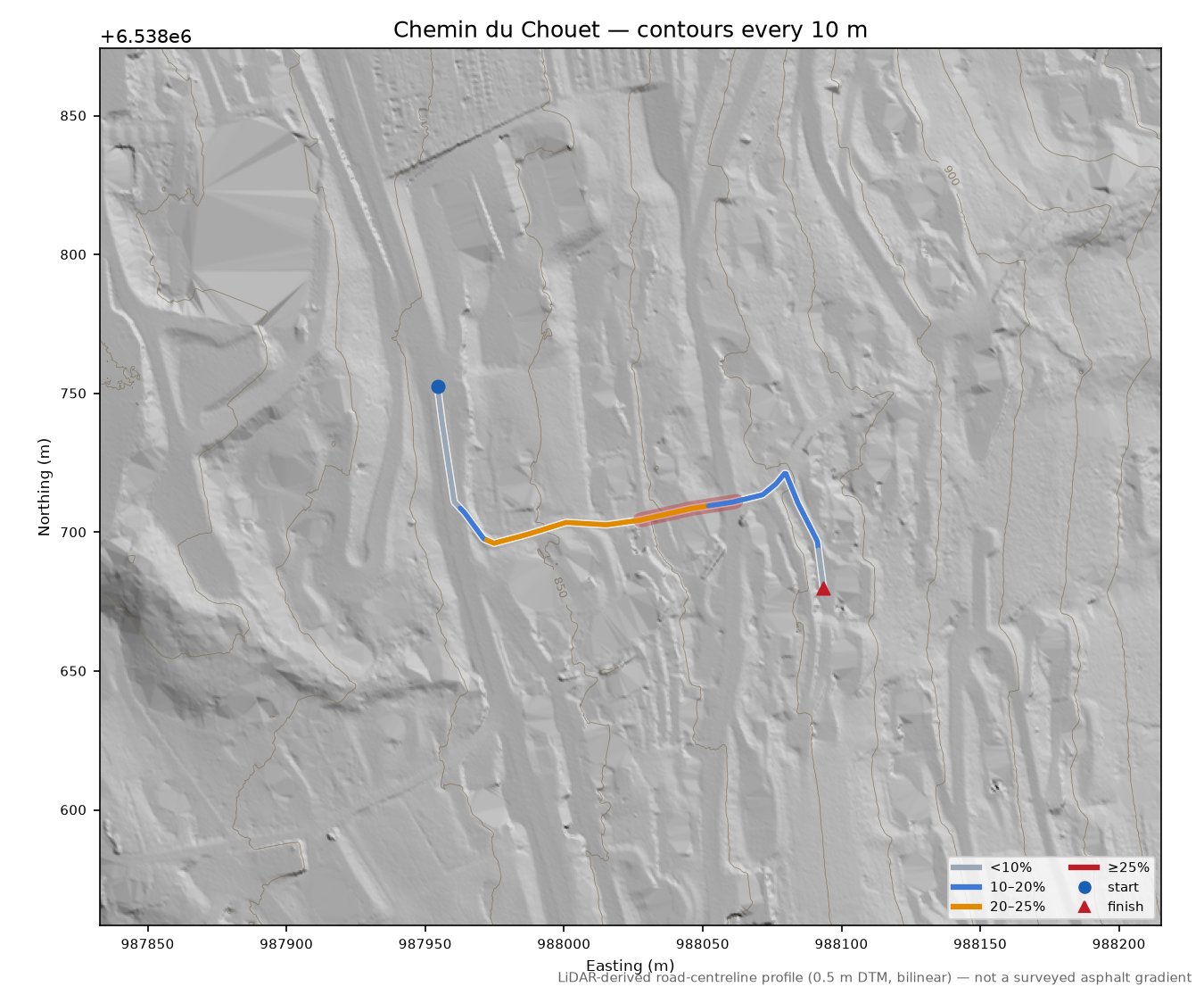 Chemin du Chouet LiDAR hillshade map with contours