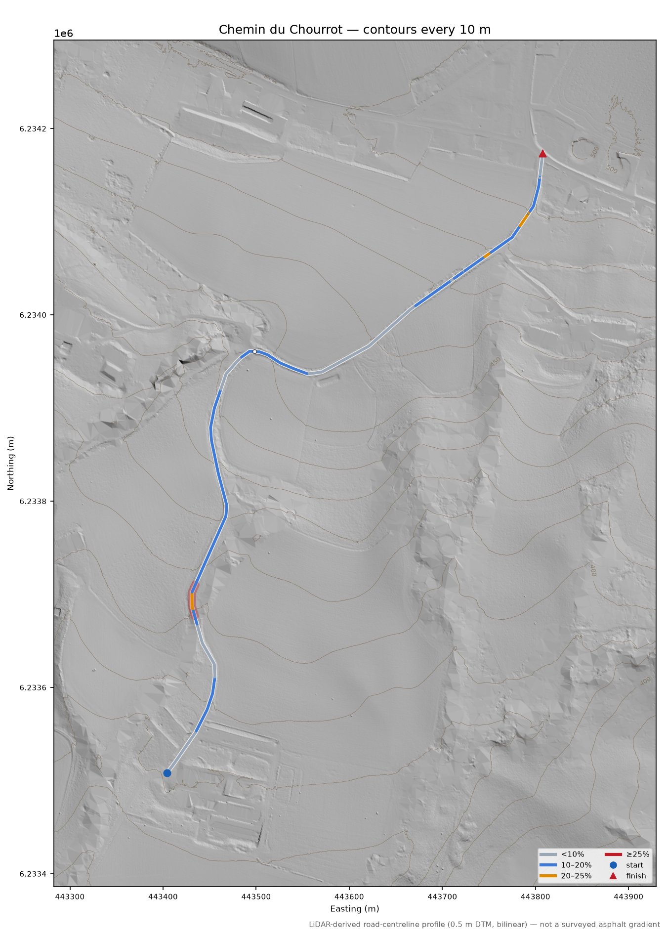 Chemin du Chourrot LiDAR hillshade map with contours