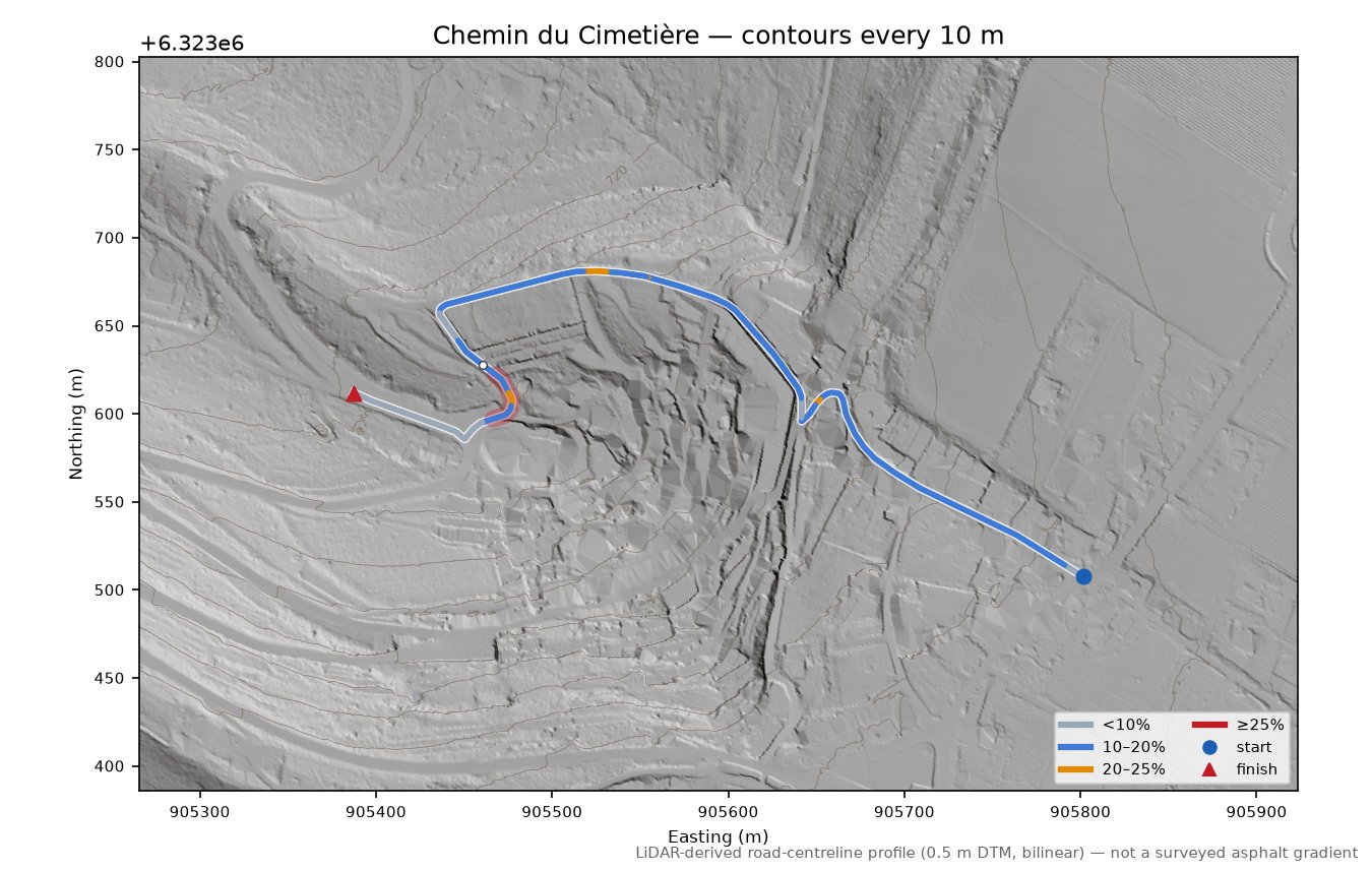 Chemin du Cimetière LiDAR hillshade map with contours
