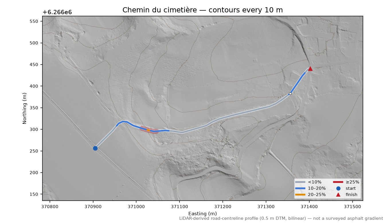 Chemin du cimetière LiDAR hillshade map with contours