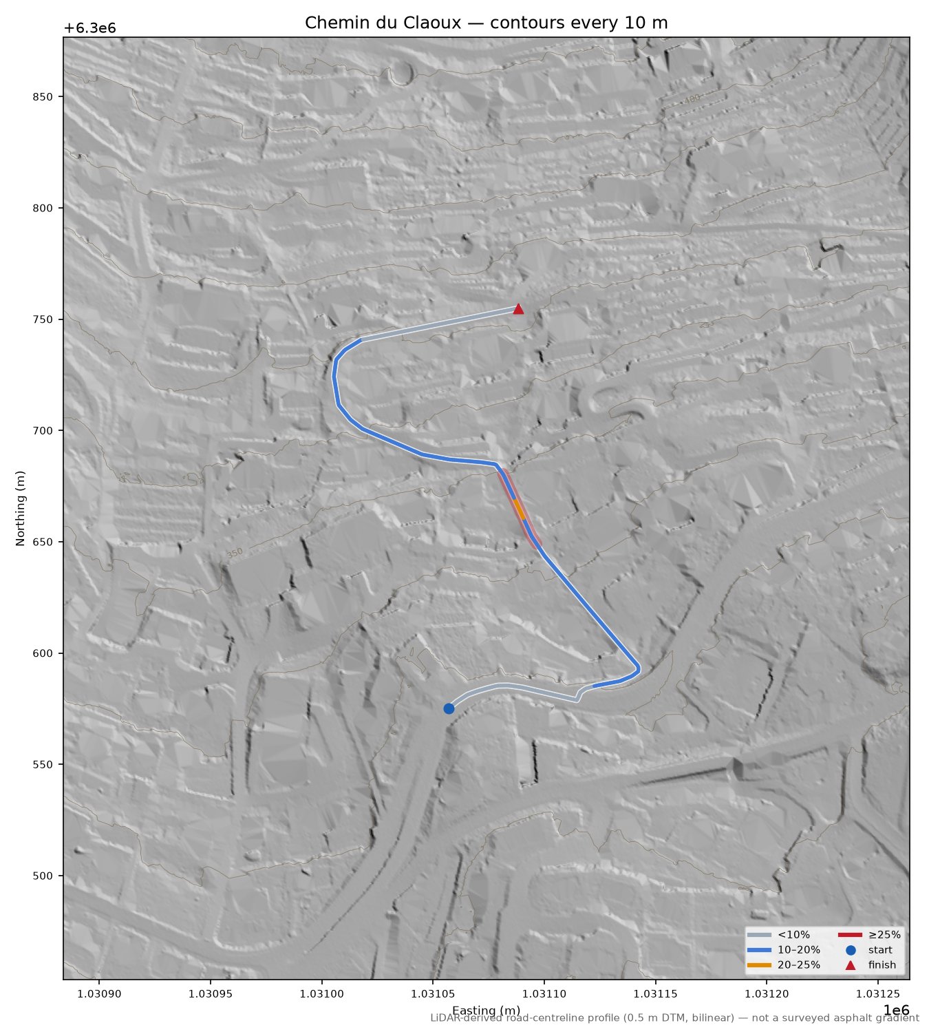 Chemin du Claoux LiDAR hillshade map with contours