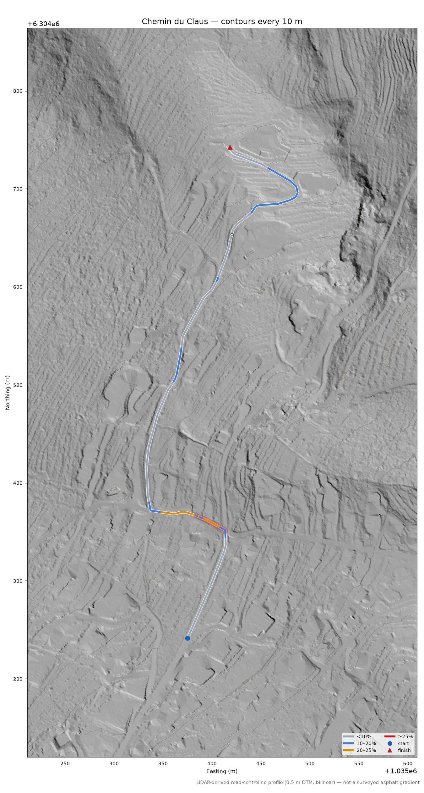 Chemin du Claus LiDAR hillshade map with contours