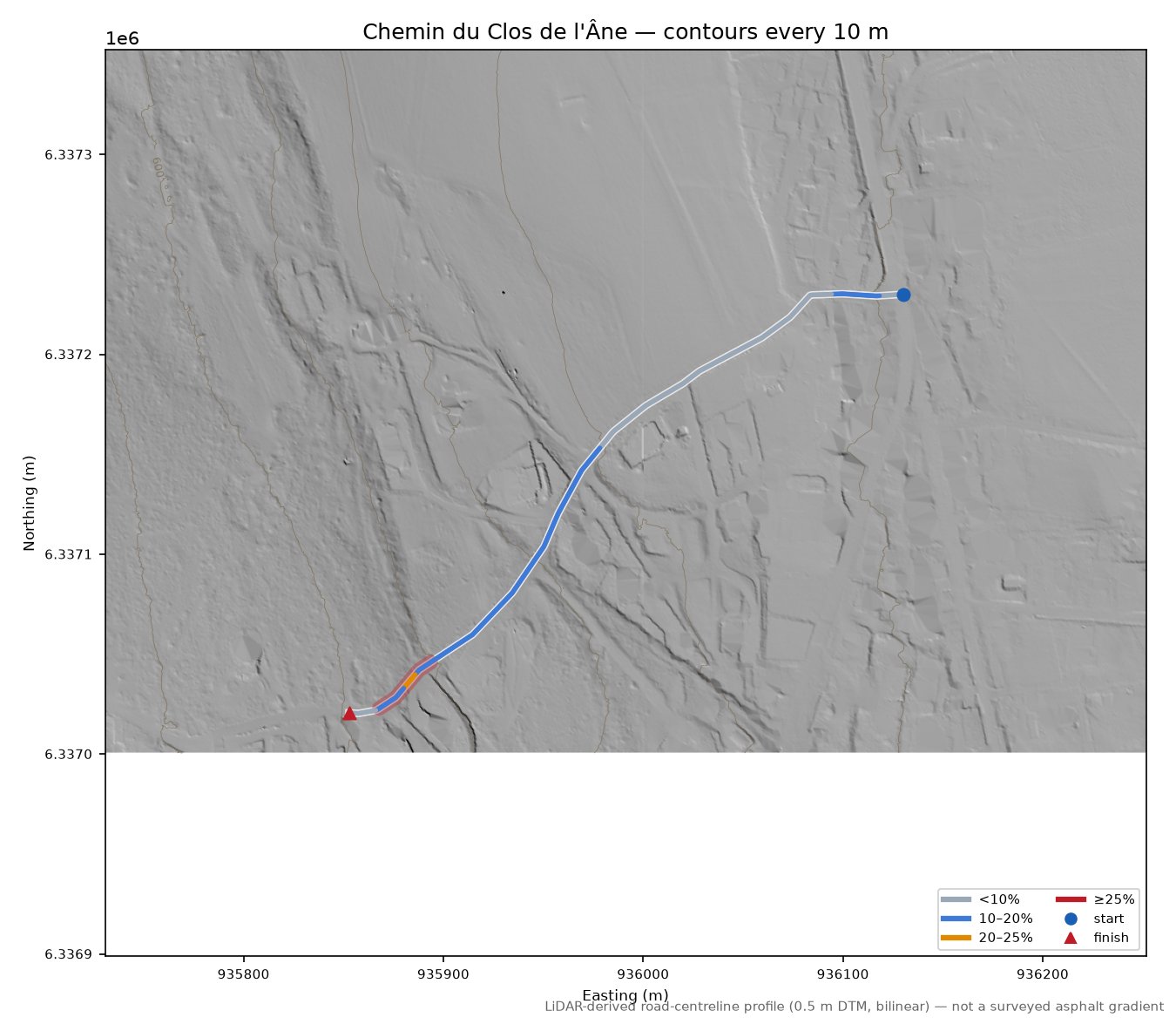 Chemin du Clos de l'Âne LiDAR hillshade map with contours