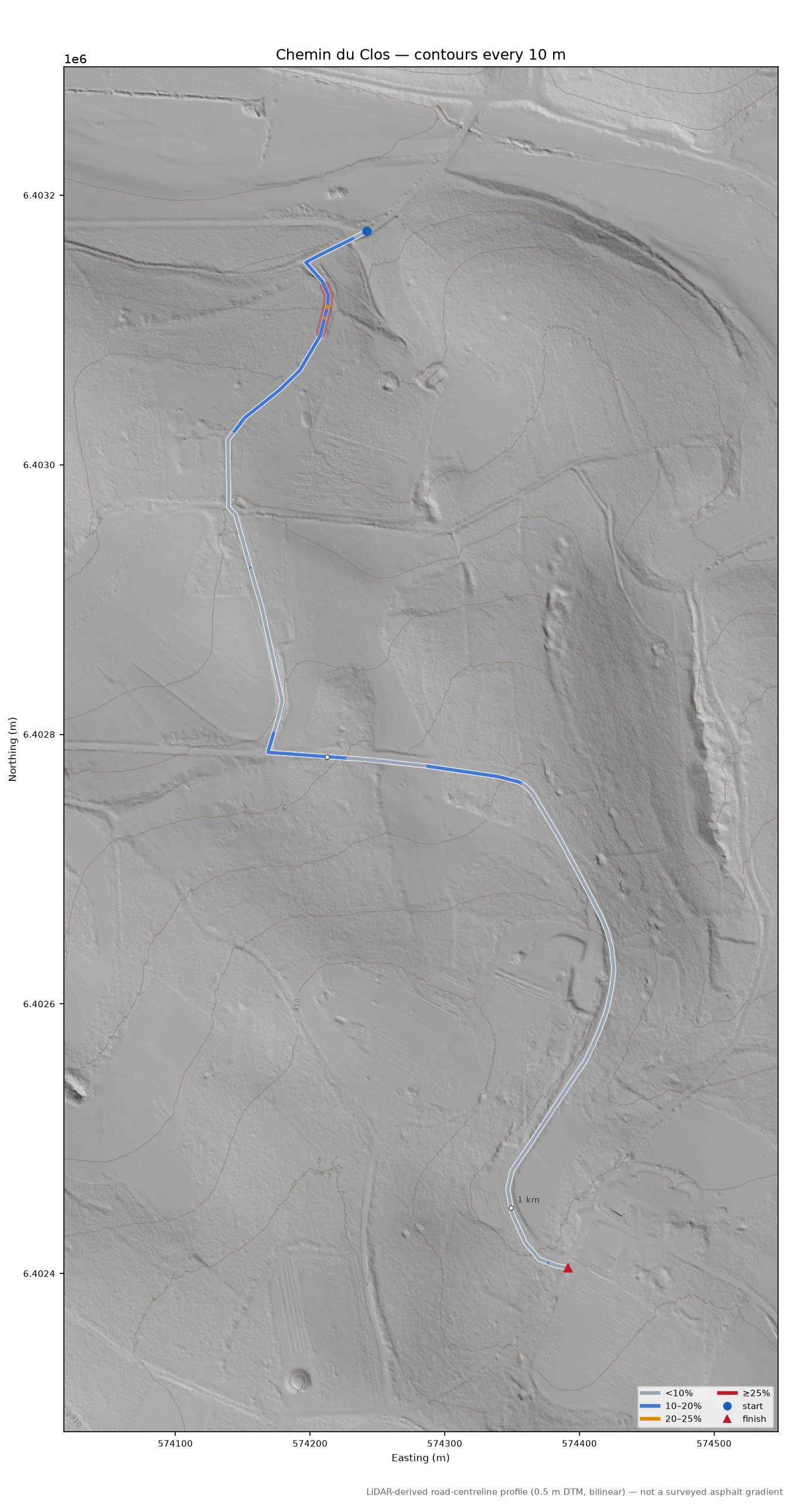 Chemin du Clos LiDAR hillshade map with contours