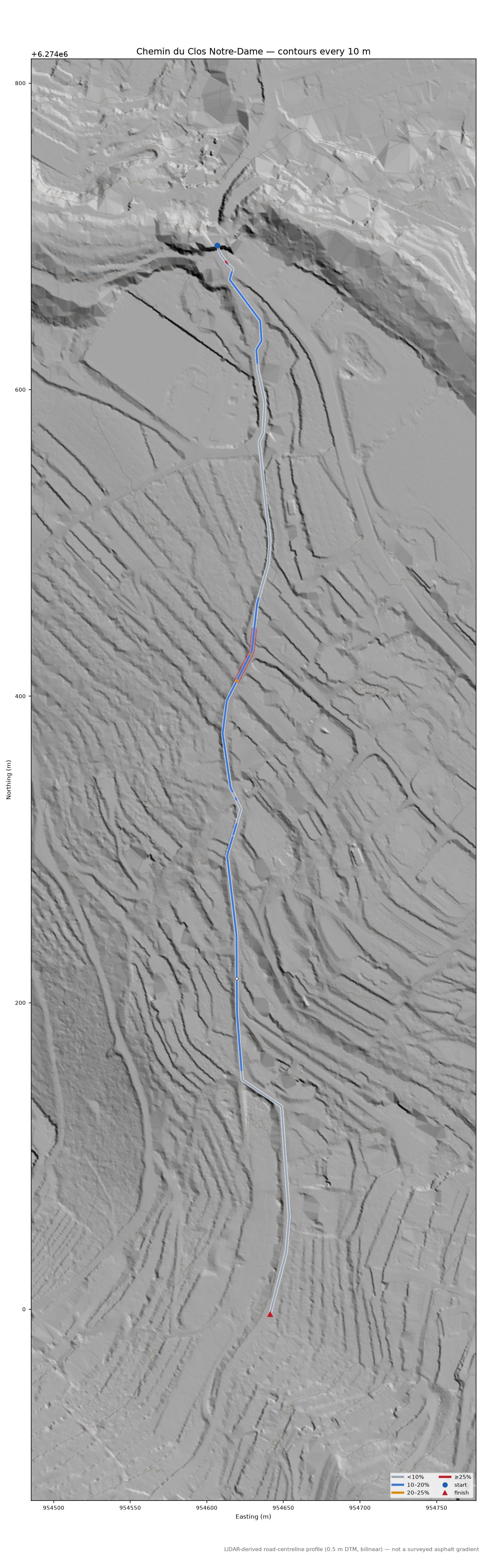 Chemin du Clos Notre-Dame LiDAR hillshade map with contours