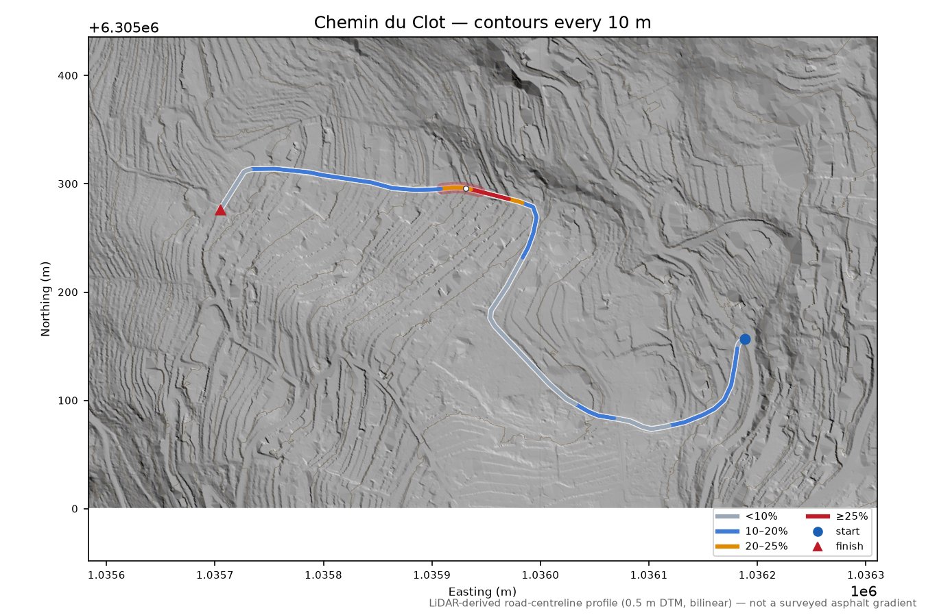 Chemin du Clot LiDAR hillshade map with contours