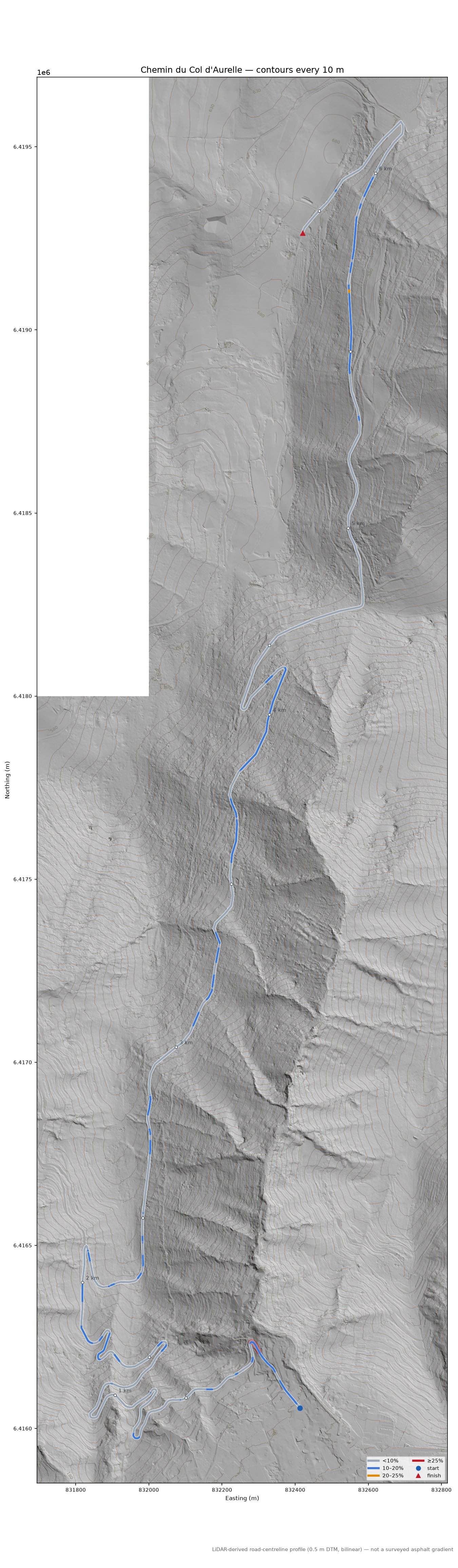 Chemin du Col d'Aurelle LiDAR hillshade map with contours