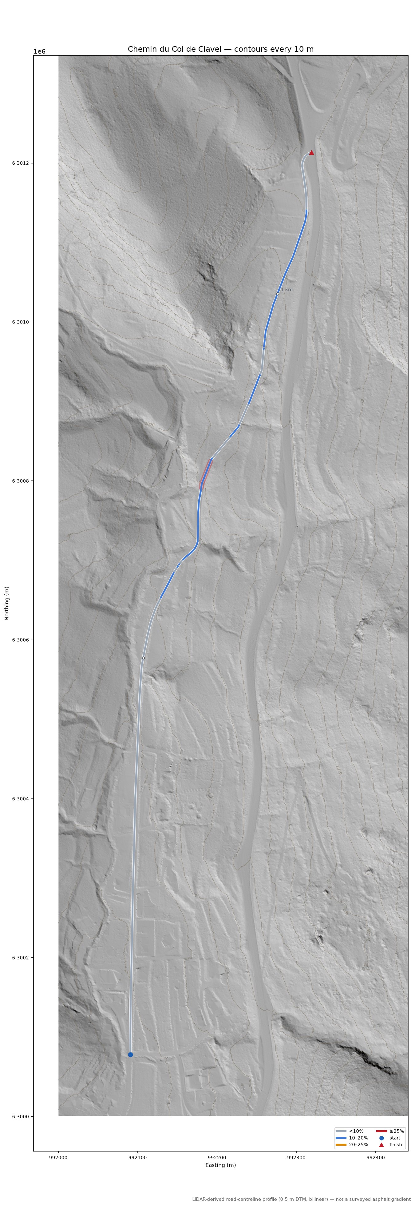 Col de Clavel LiDAR hillshade map with contours
