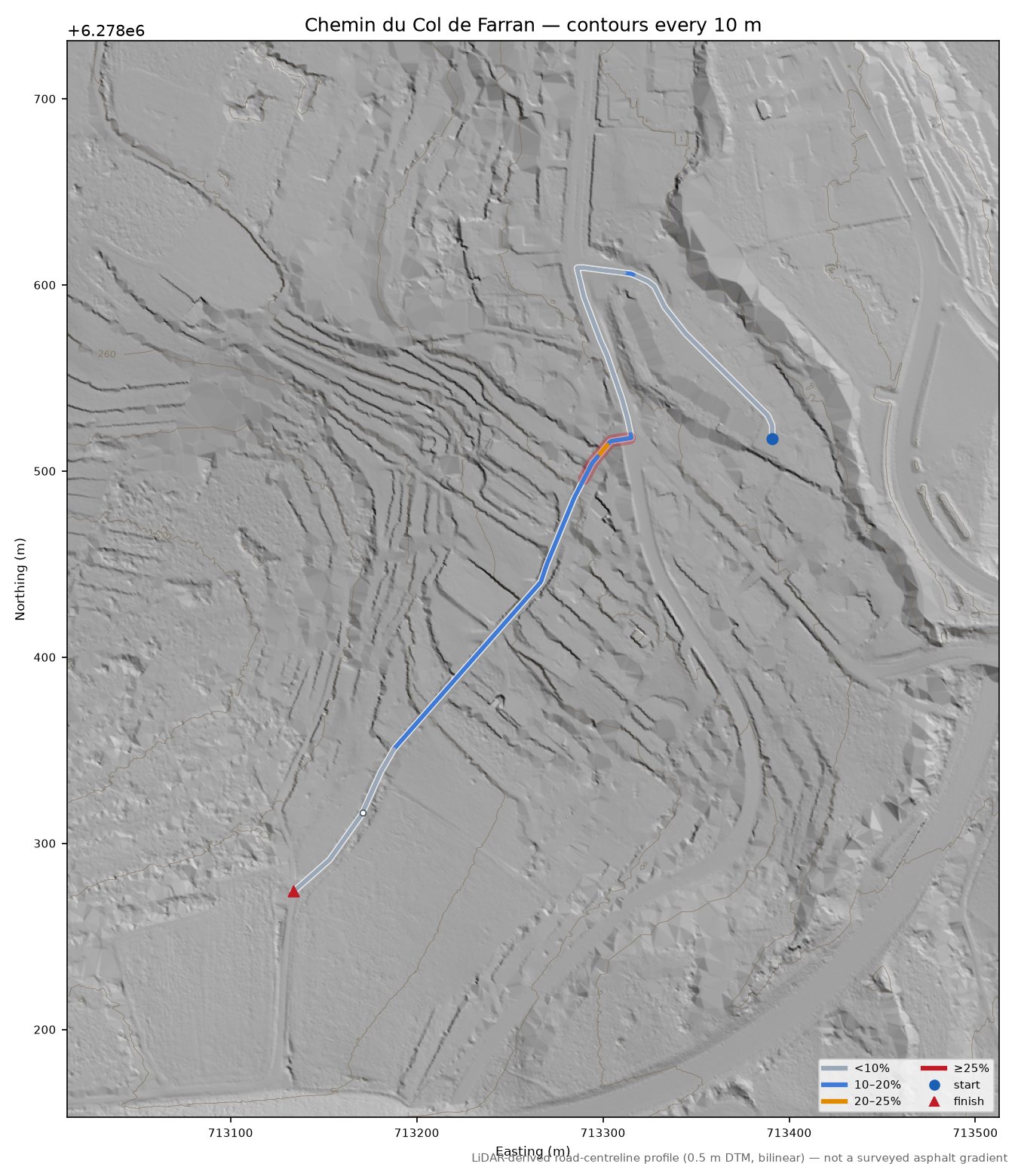 Chemin du Col de Farran LiDAR hillshade map with contours