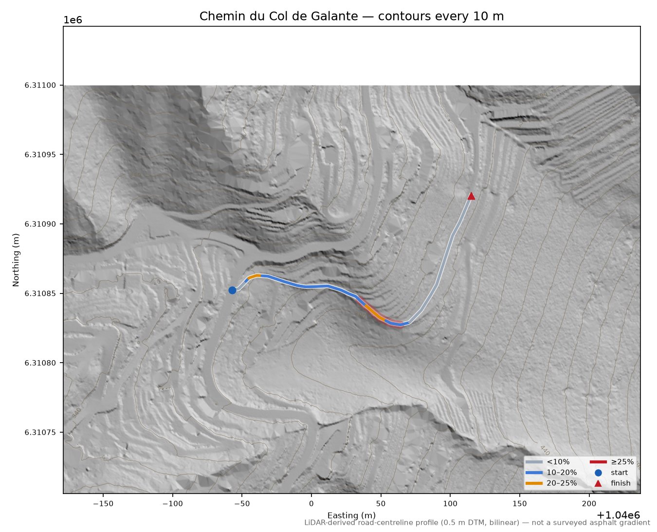 Chemin du Col de Galante LiDAR hillshade map with contours