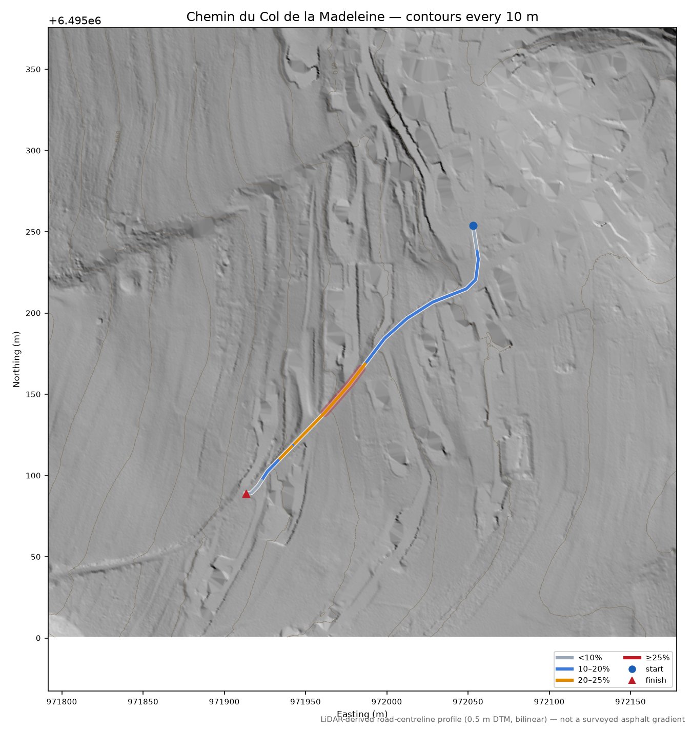 Chemin du Col de la Madeleine LiDAR hillshade map with contours