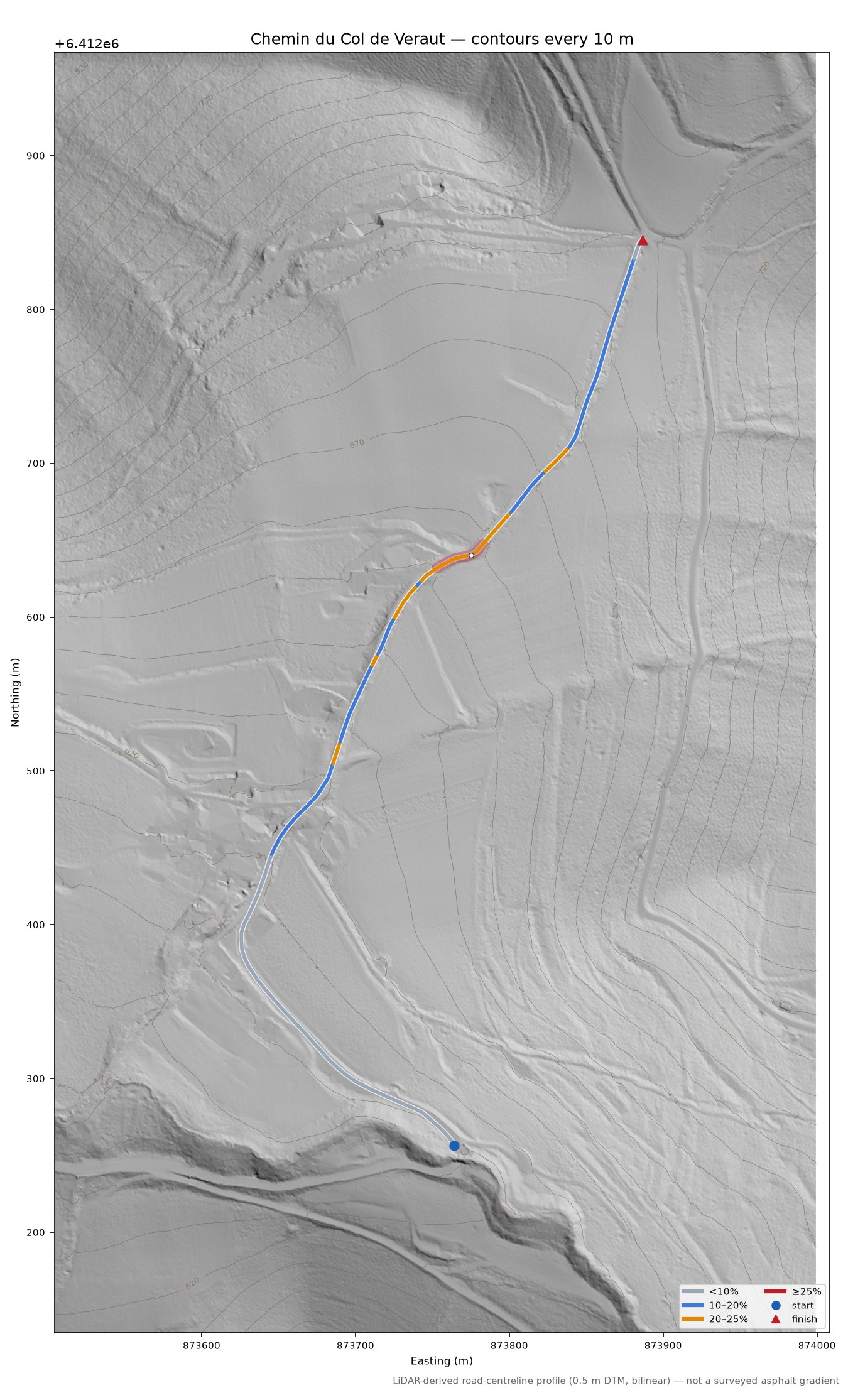 Chemin du Col de Veraut LiDAR hillshade map with contours