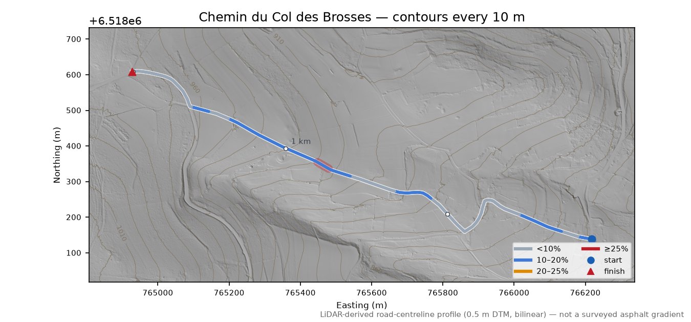 Col des Brosses LiDAR hillshade map with contours