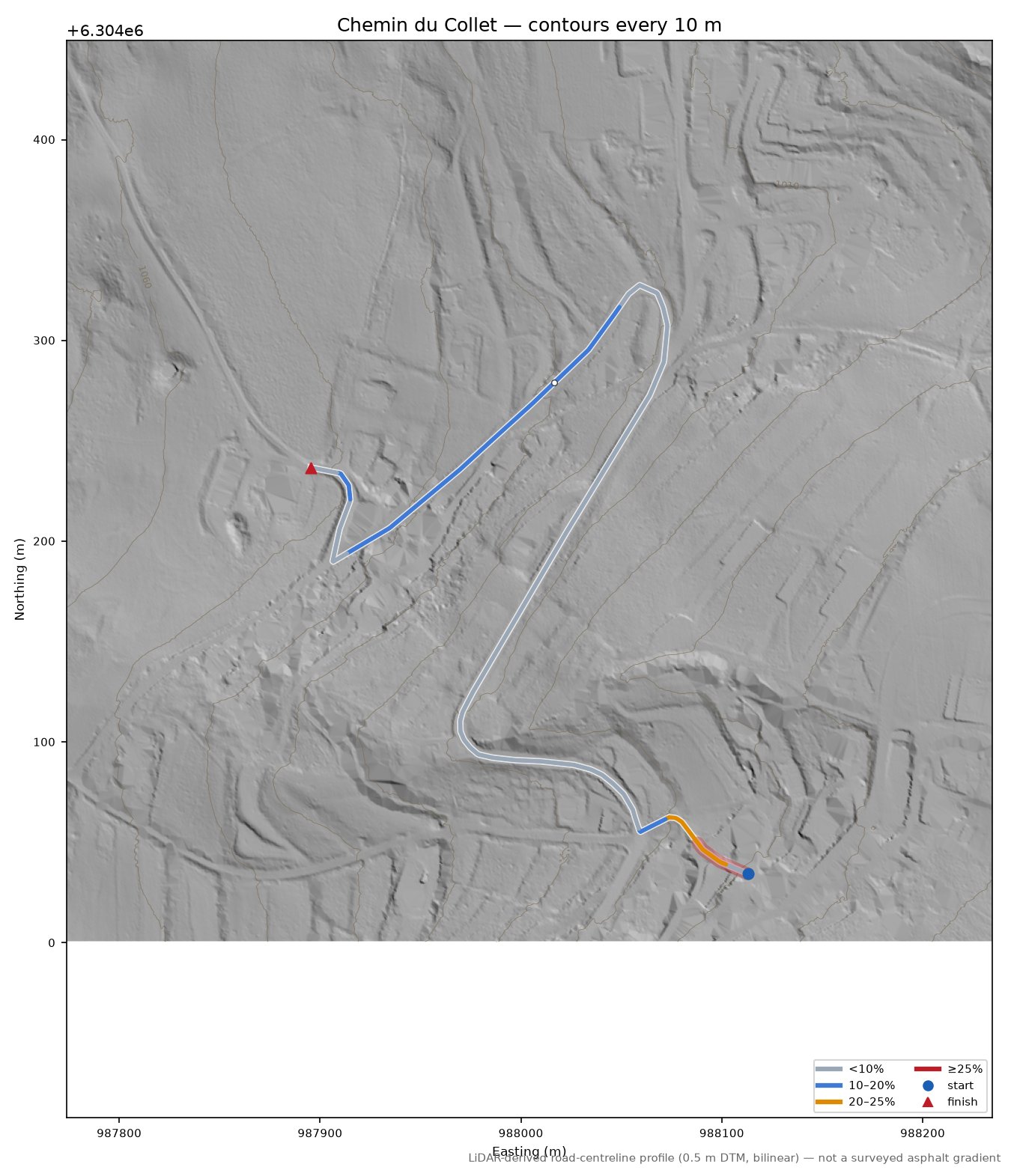 Chemin du Collet LiDAR hillshade map with contours