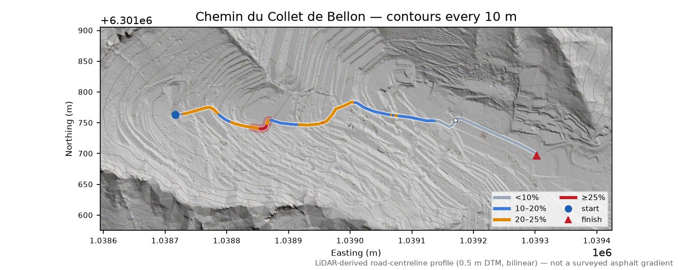 Chemin du Collet de Bellon LiDAR hillshade map with contours