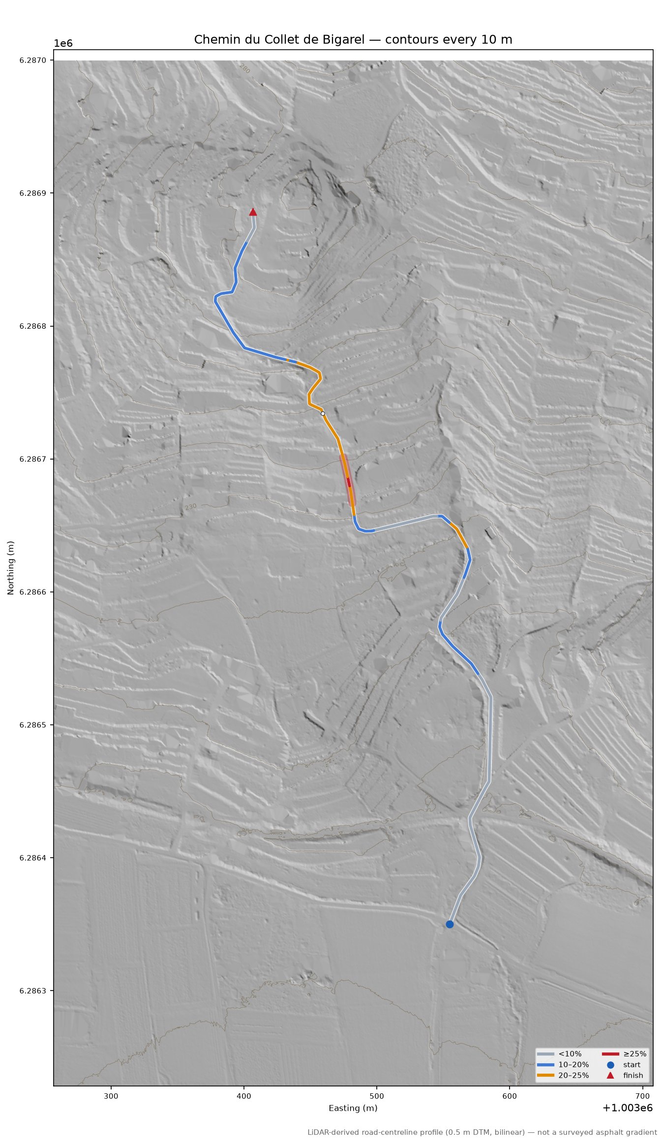 Chemin du Collet de Bigarel LiDAR hillshade map with contours