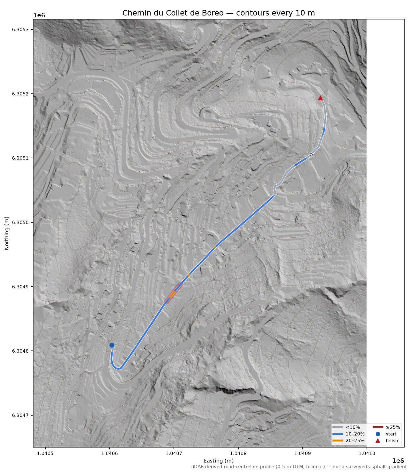 Chemin du Collet de Boreo LiDAR hillshade map with contours