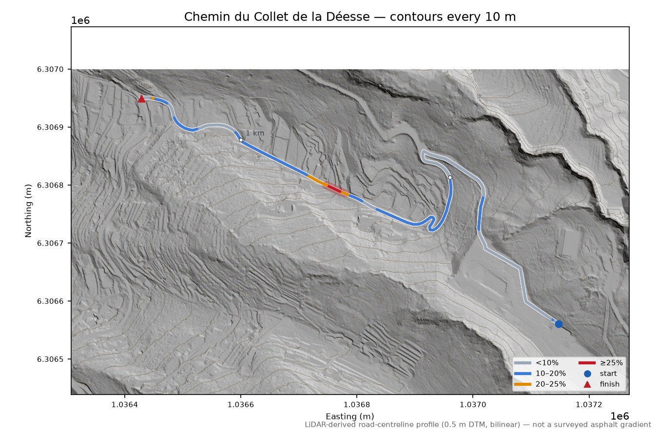 Chemin du Collet de la Déesse LiDAR hillshade map with contours