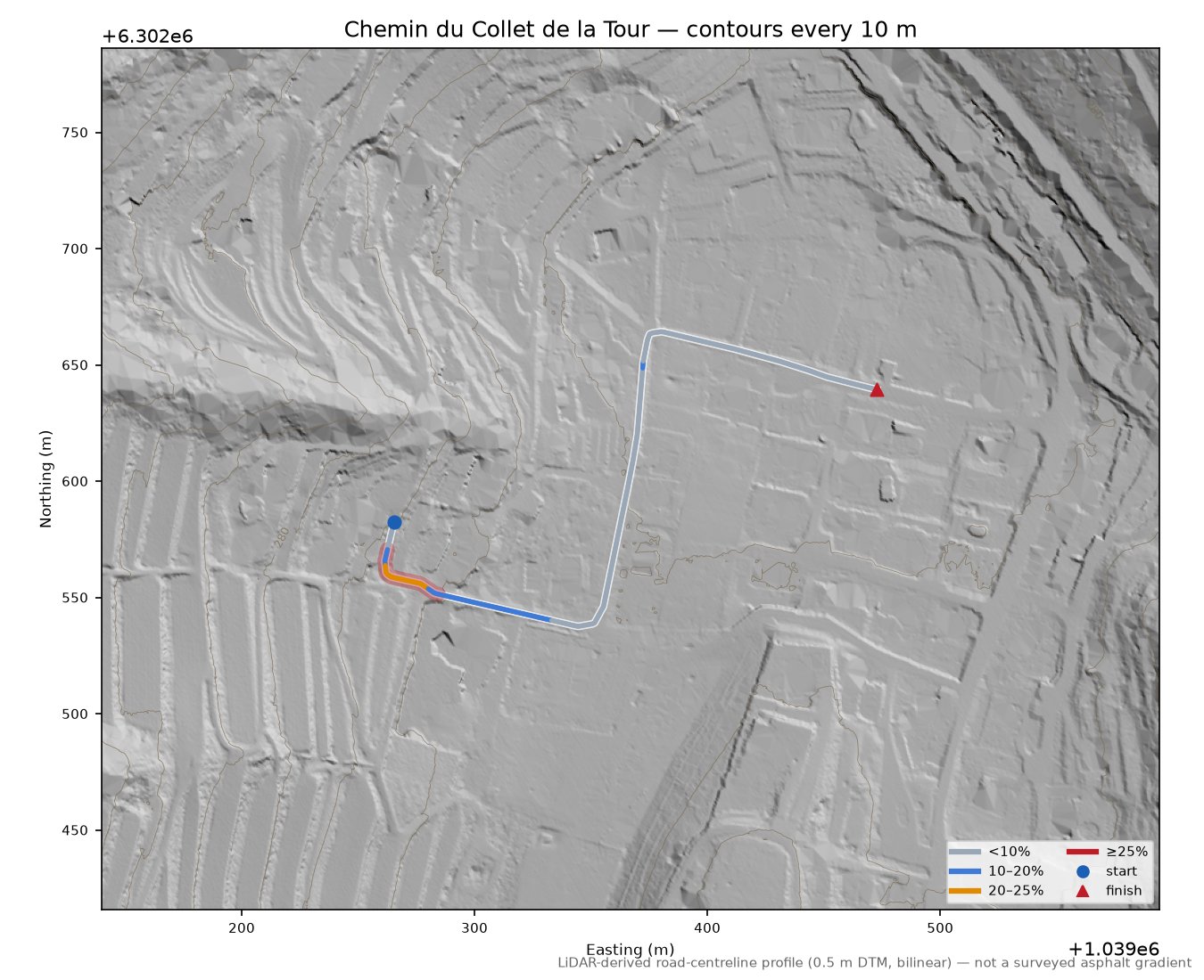 Chemin du Collet de la Tour LiDAR hillshade map with contours