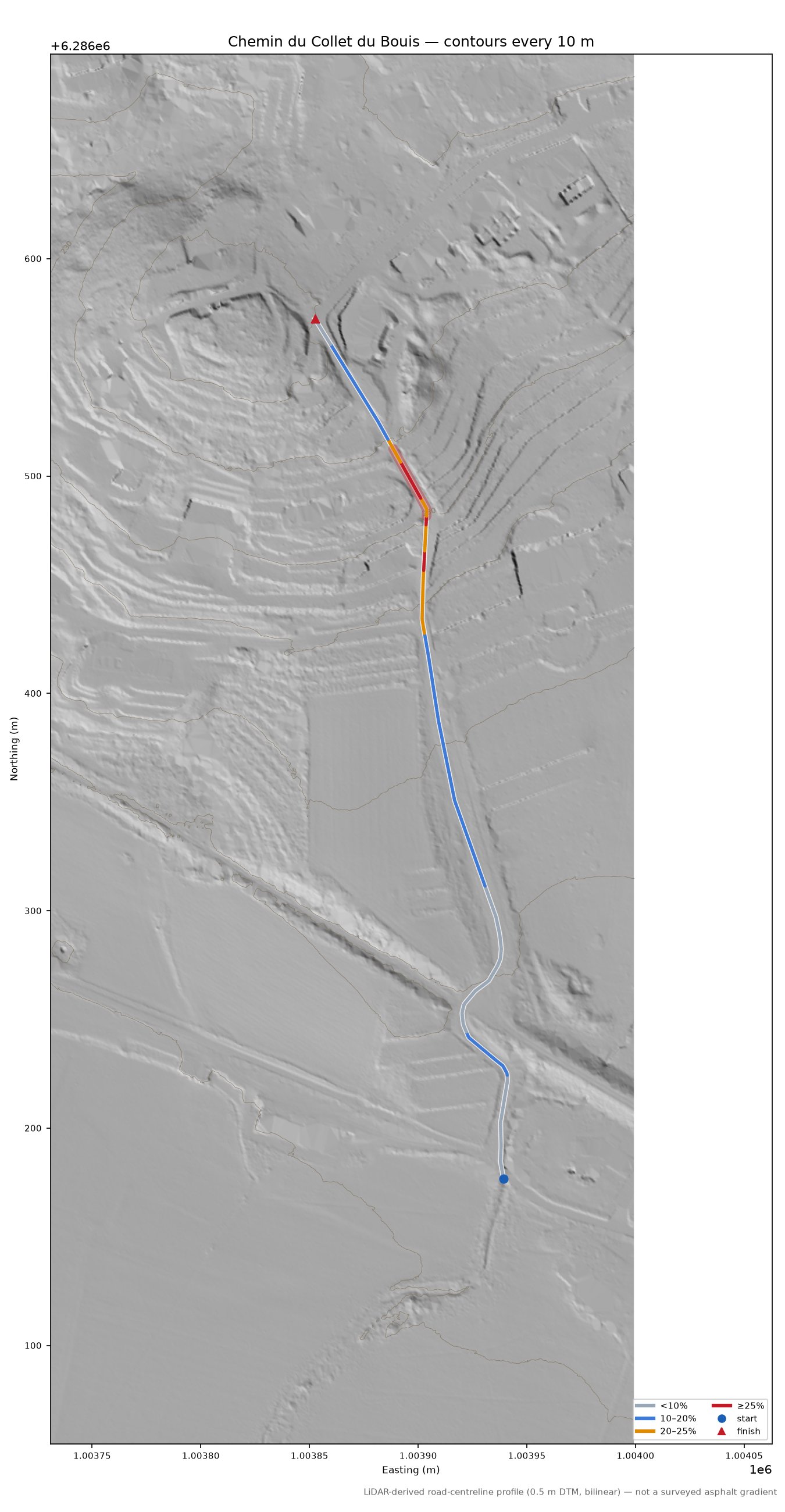 Chemin du Collet du Bouis LiDAR hillshade map with contours