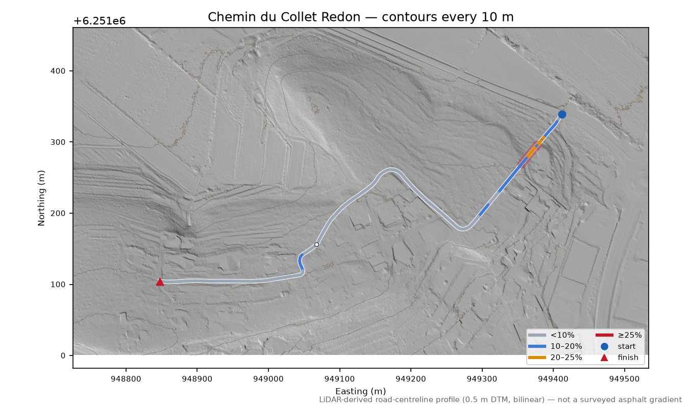 Chemin du Collet Redon LiDAR hillshade map with contours