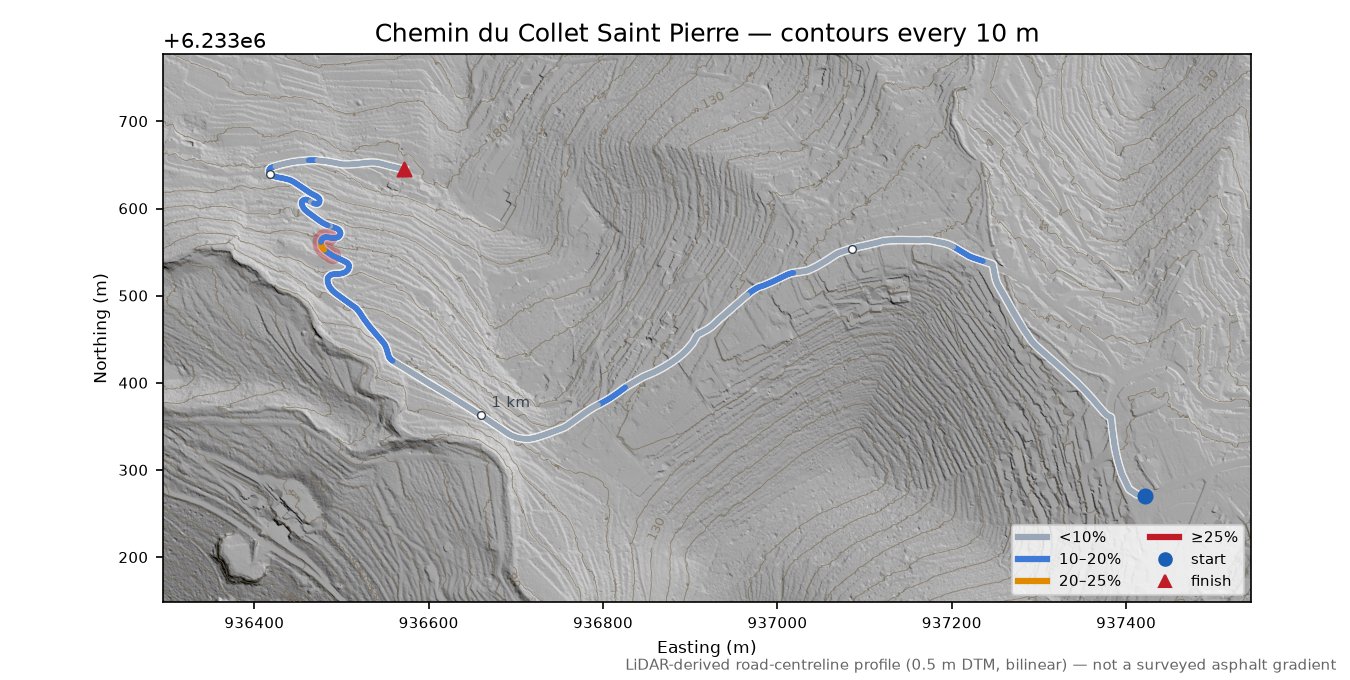Chemin du Collet Saint Pierre LiDAR hillshade map with contours