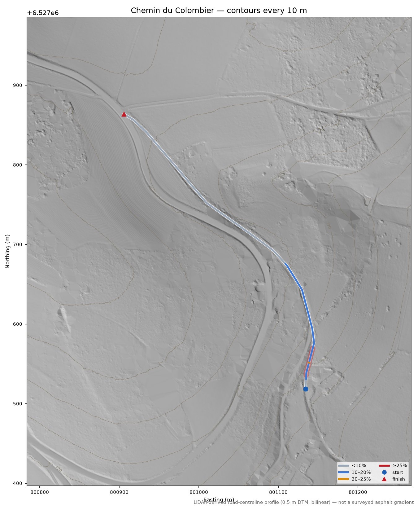 Chemin du Colombier LiDAR hillshade map with contours