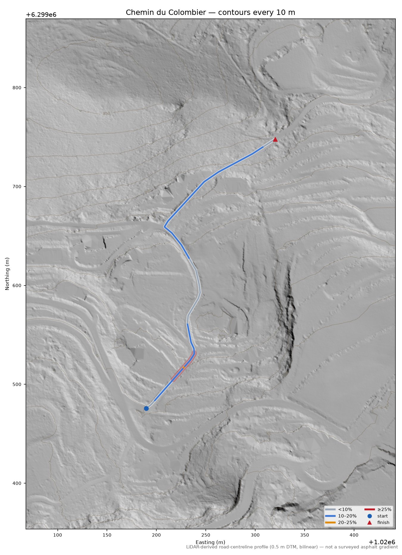 Chemin du Colombier LiDAR hillshade map with contours