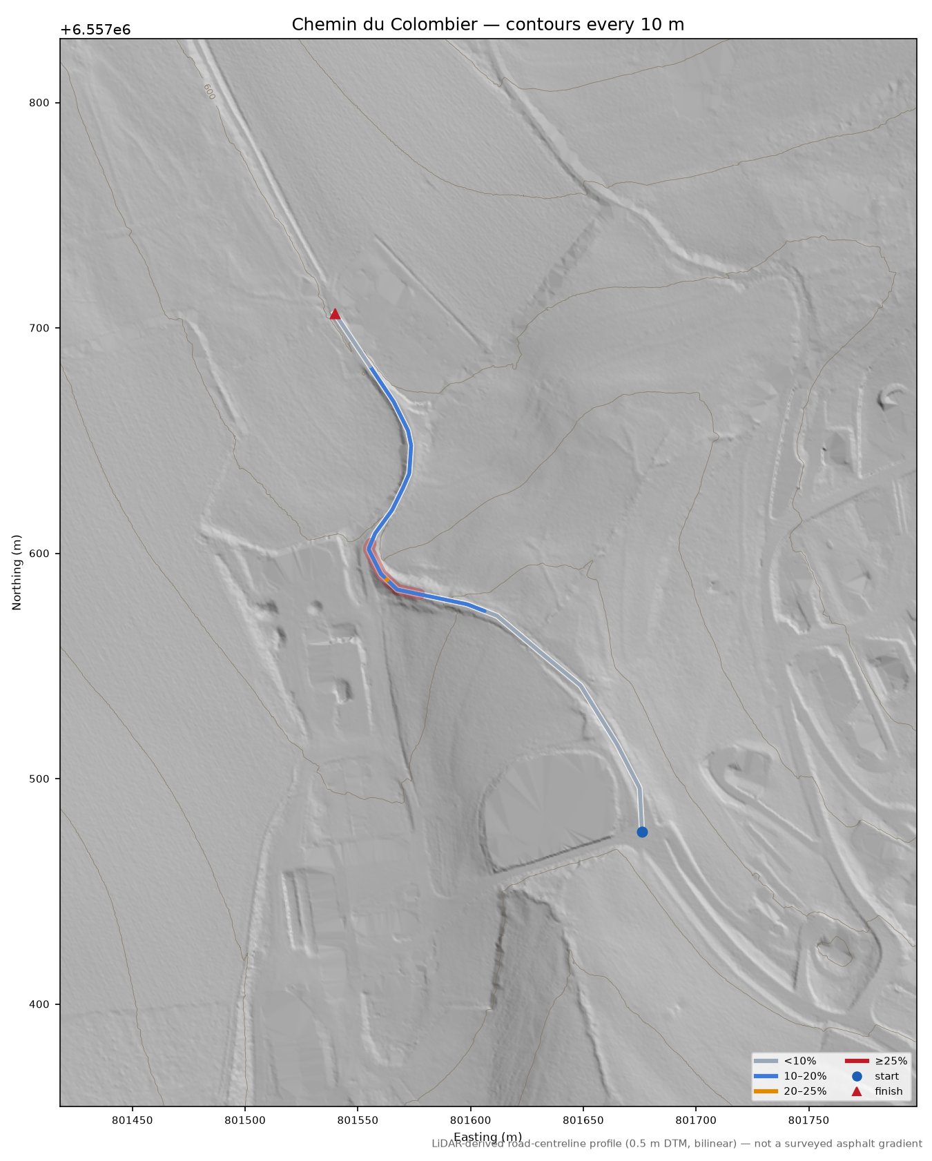 Chemin du Colombier LiDAR hillshade map with contours