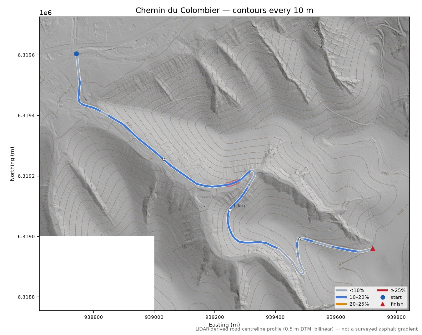 Chemin du Colombier LiDAR hillshade map with contours