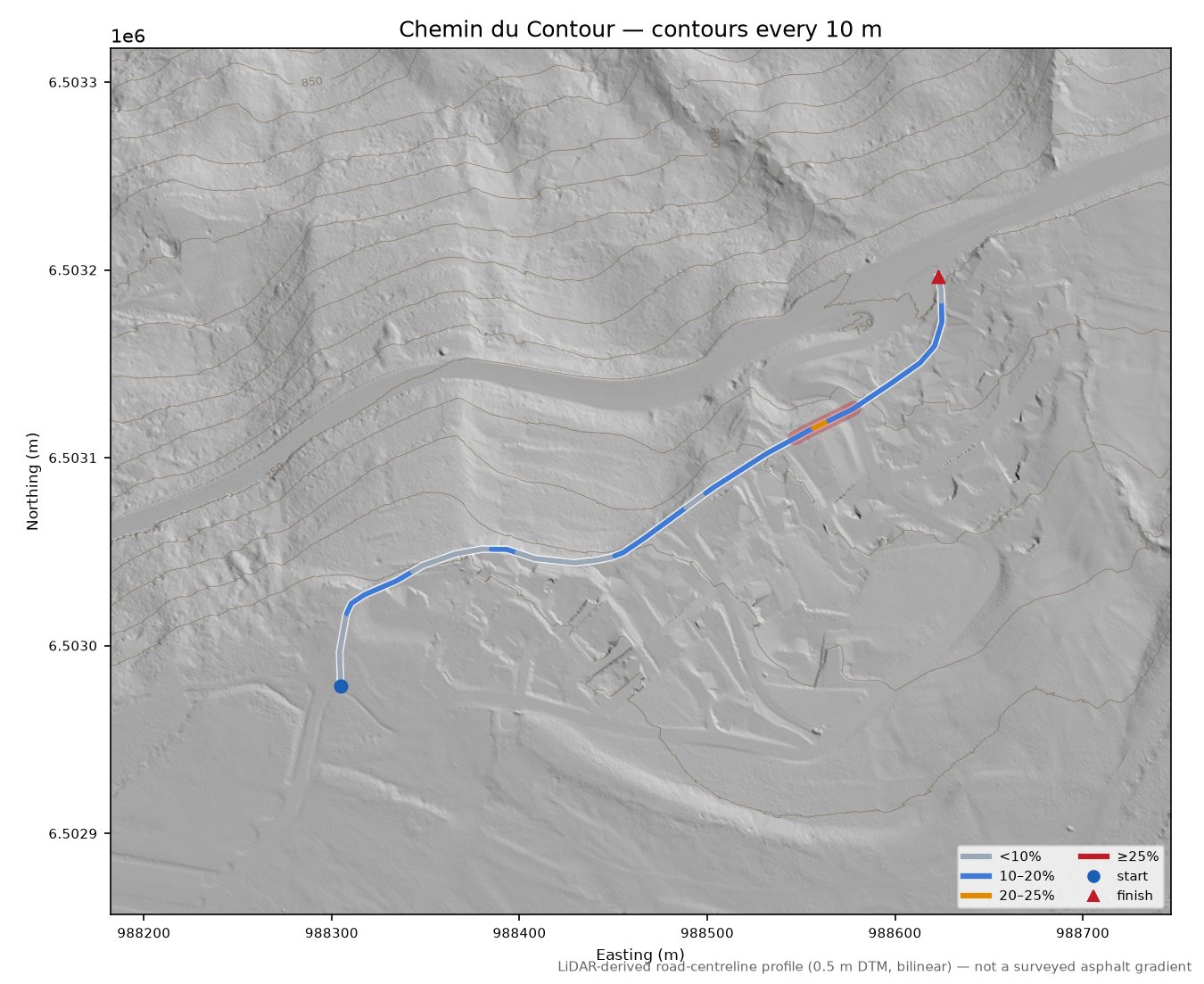 Chemin du Contour LiDAR hillshade map with contours