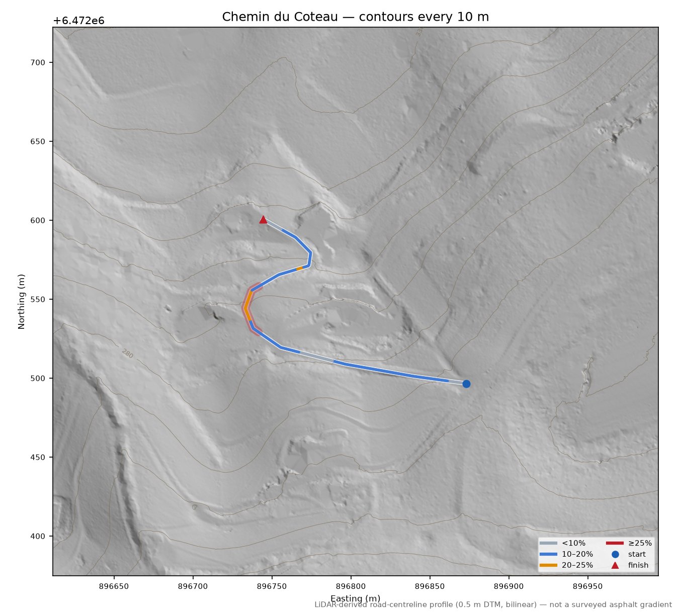 Chemin du Coteau LiDAR hillshade map with contours