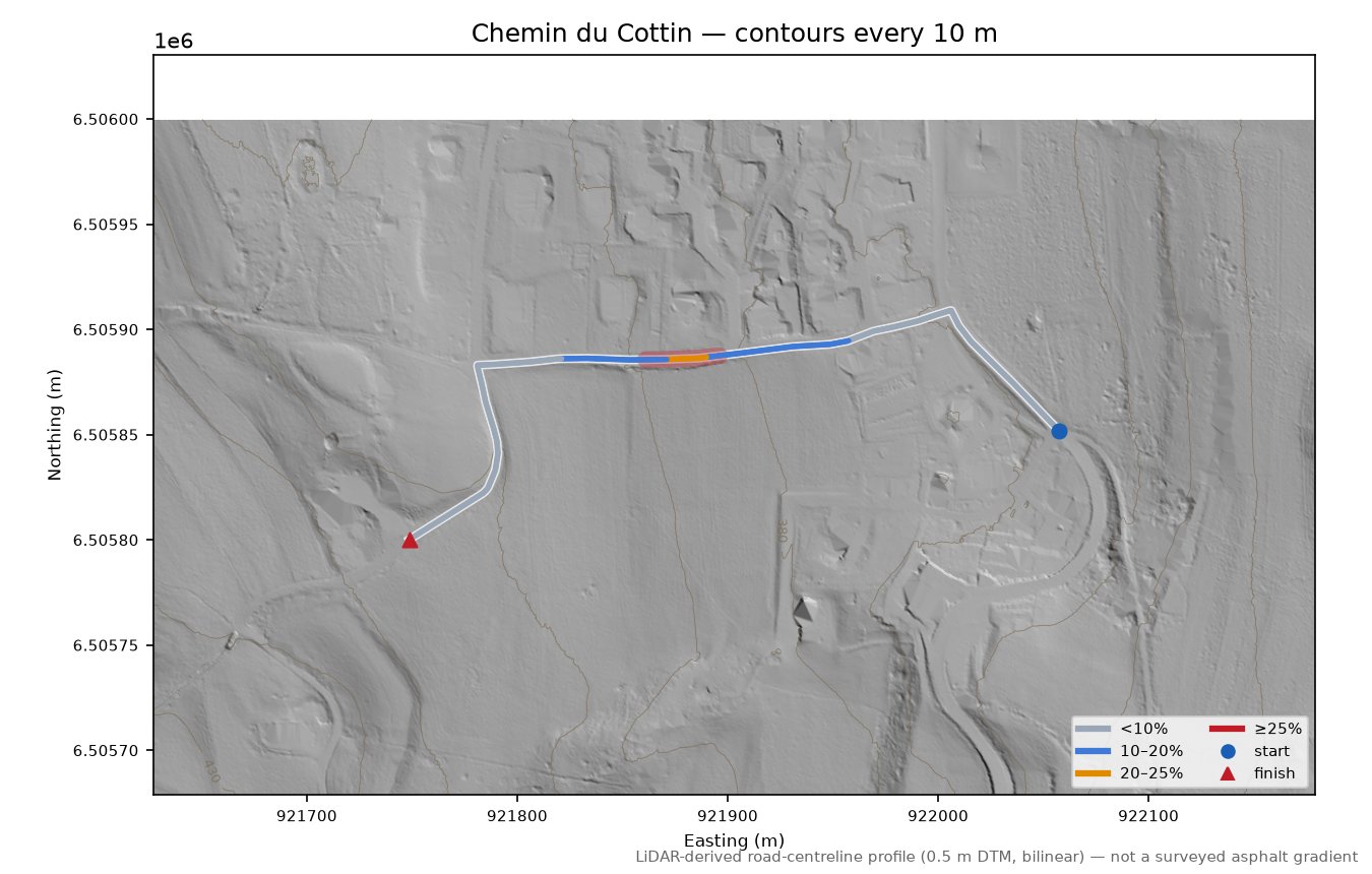 Chemin du Cottin LiDAR hillshade map with contours
