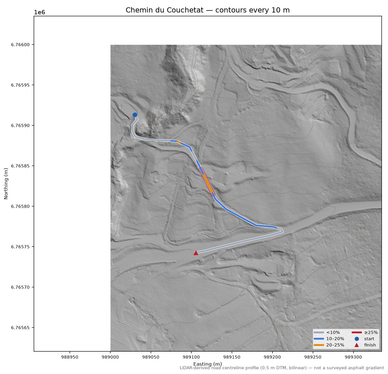 Chemin du Couchetat LiDAR hillshade map with contours