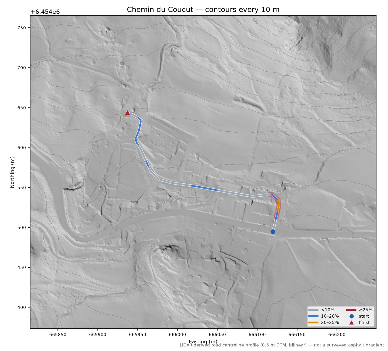 Chemin du Coucut LiDAR hillshade map with contours