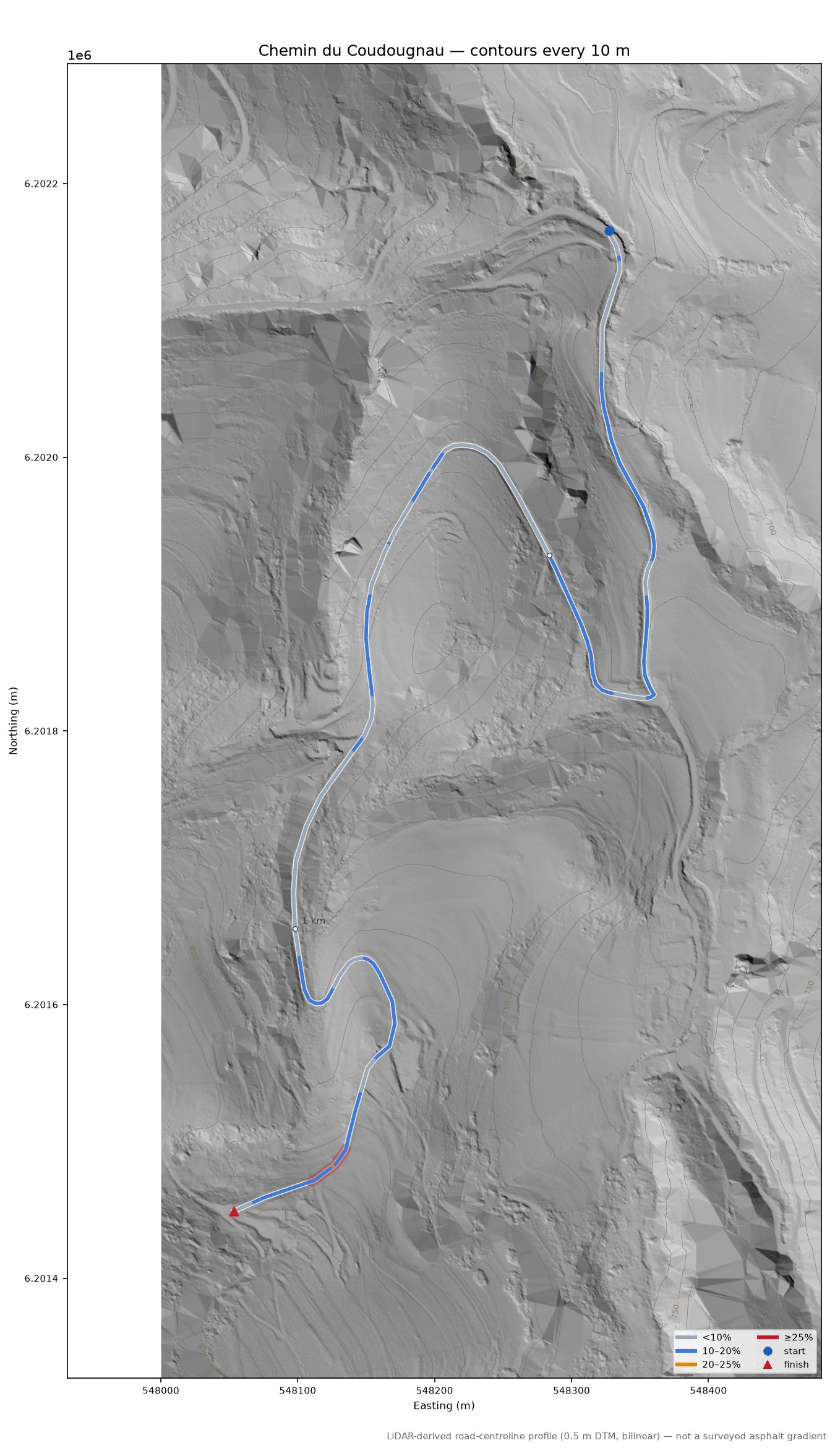 Chemin du Coudougnau LiDAR hillshade map with contours
