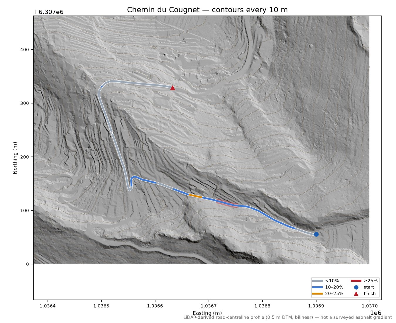 Chemin du Cougnet LiDAR hillshade map with contours
