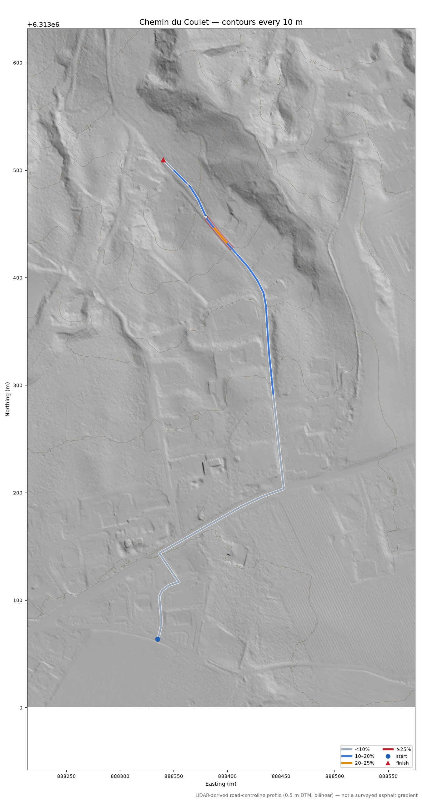 Chemin du Coulet LiDAR hillshade map with contours