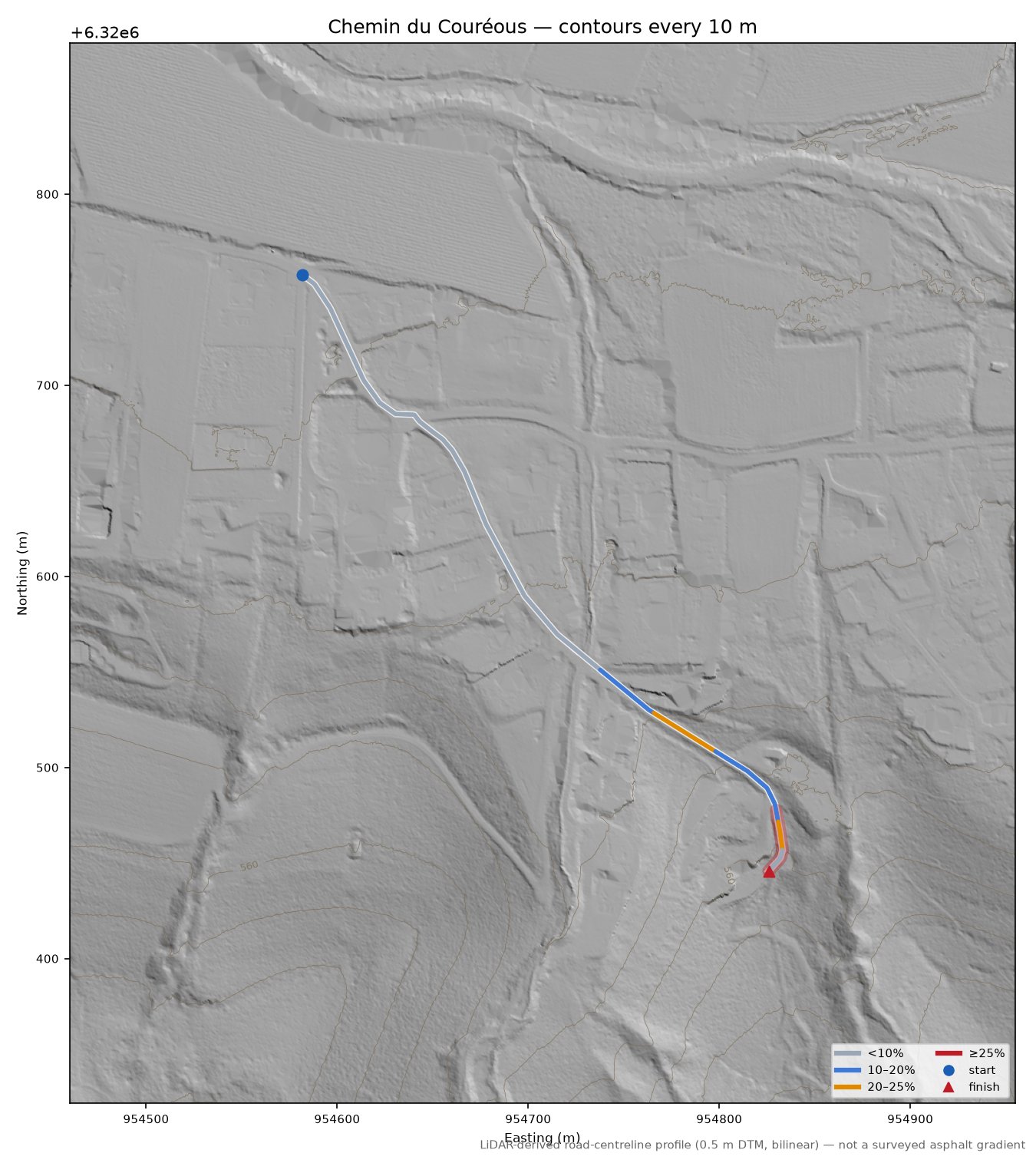 Chemin du Couréous LiDAR hillshade map with contours