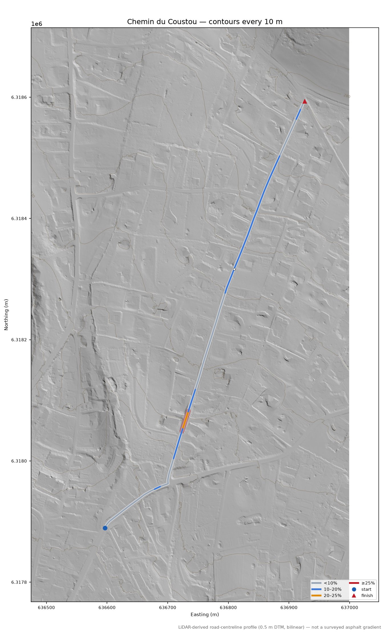 Chemin du Coustou LiDAR hillshade map with contours