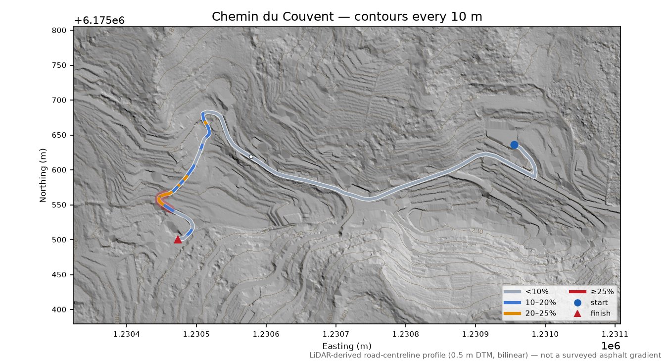 Chemin du Couvent LiDAR hillshade map with contours