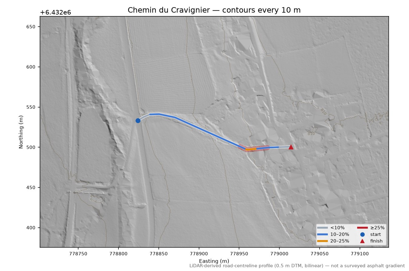 Chemin du Cravignier LiDAR hillshade map with contours
