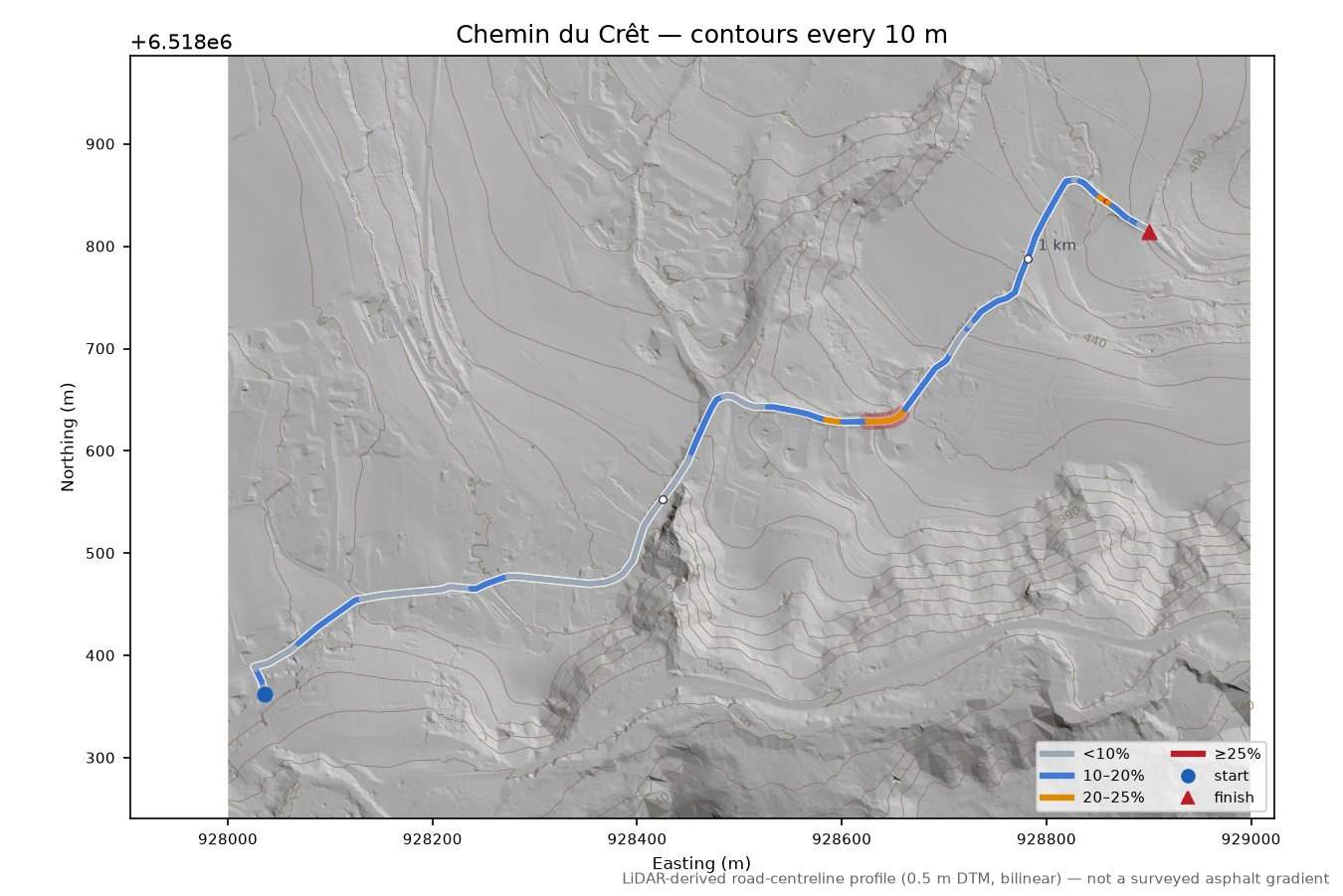Chemin du Crêt LiDAR hillshade map with contours