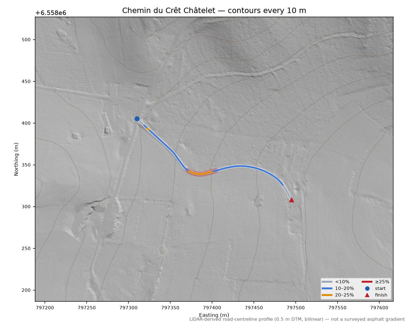 Chemin du Crêt Châtelet LiDAR hillshade map with contours