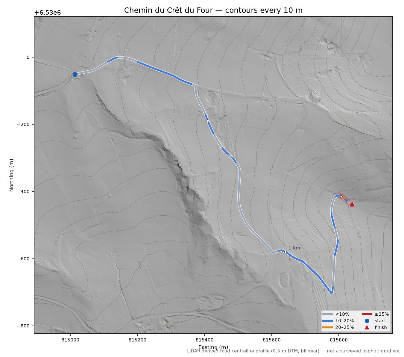 Chemin du Crêt du Four LiDAR hillshade map with contours