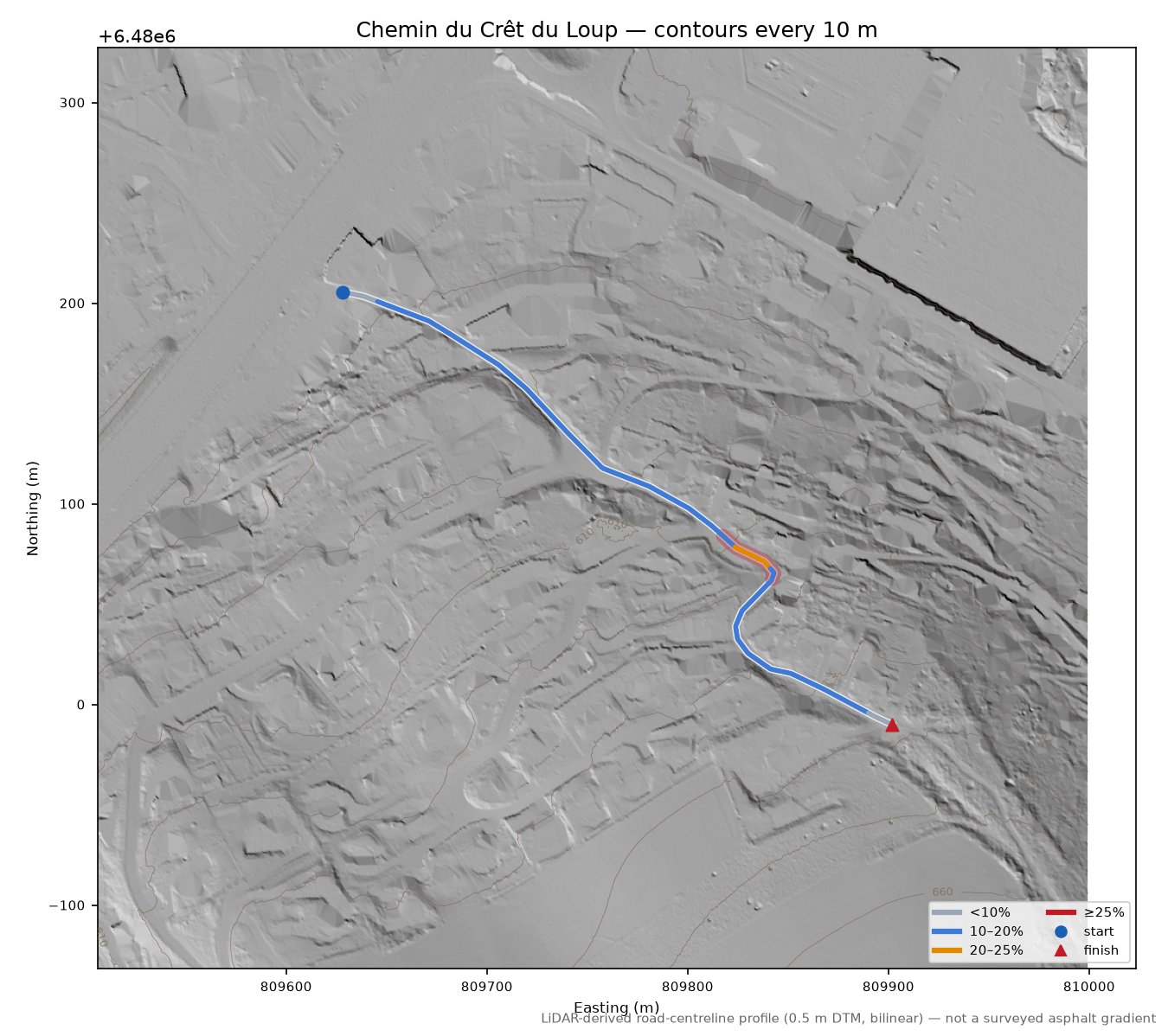 Chemin du Crêt du Loup LiDAR hillshade map with contours