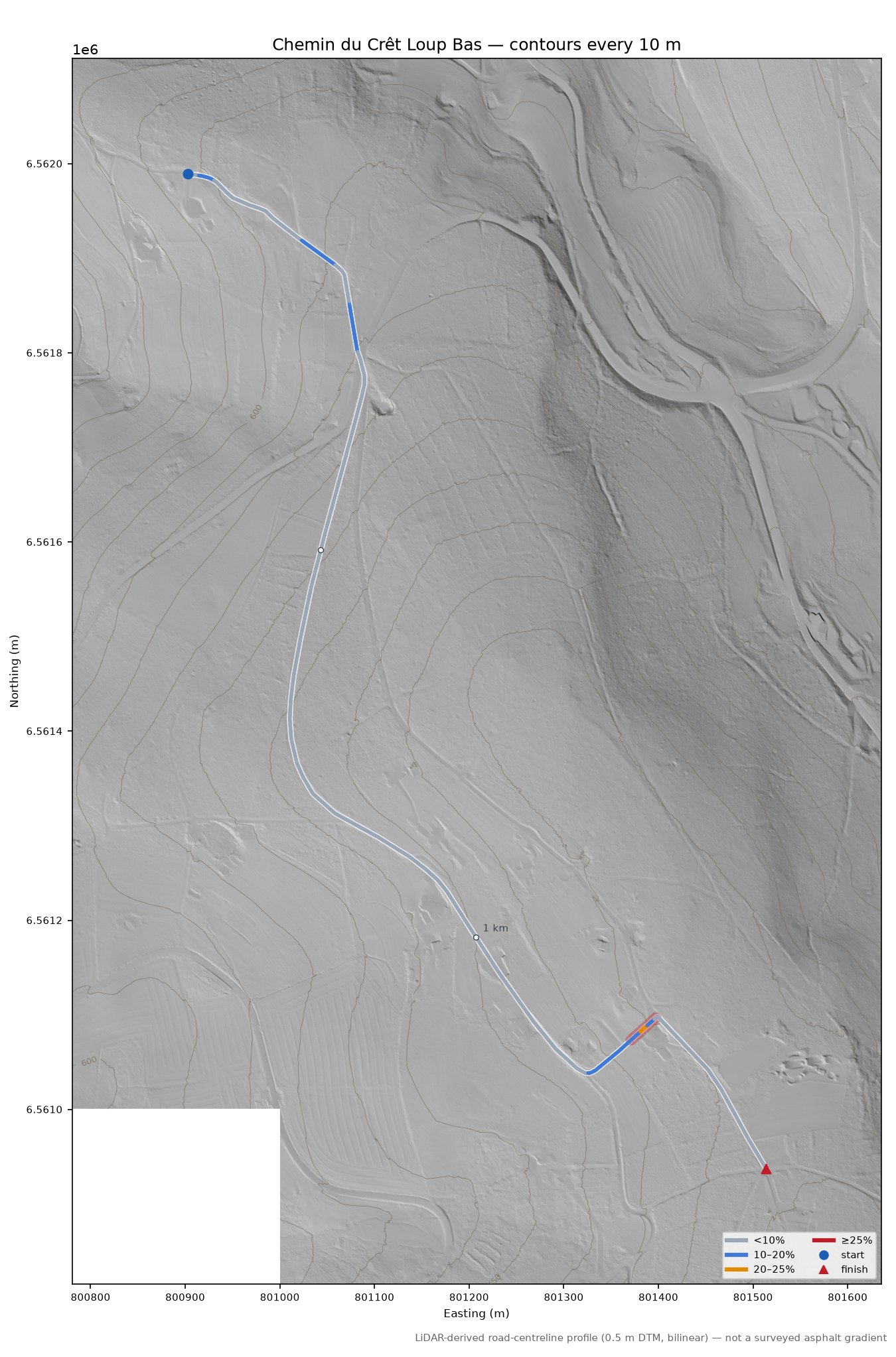 Chemin du Crêt Loup Bas LiDAR hillshade map with contours