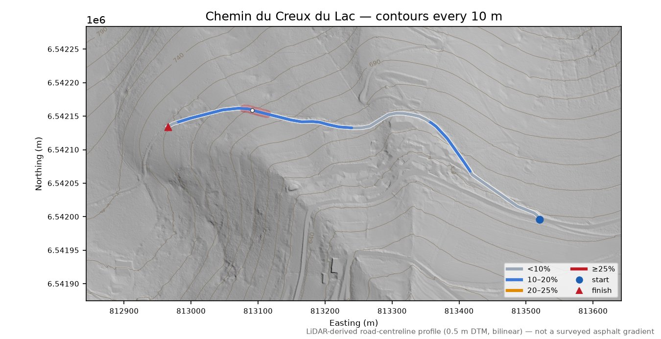 Chemin du Creux du Lac LiDAR hillshade map with contours
